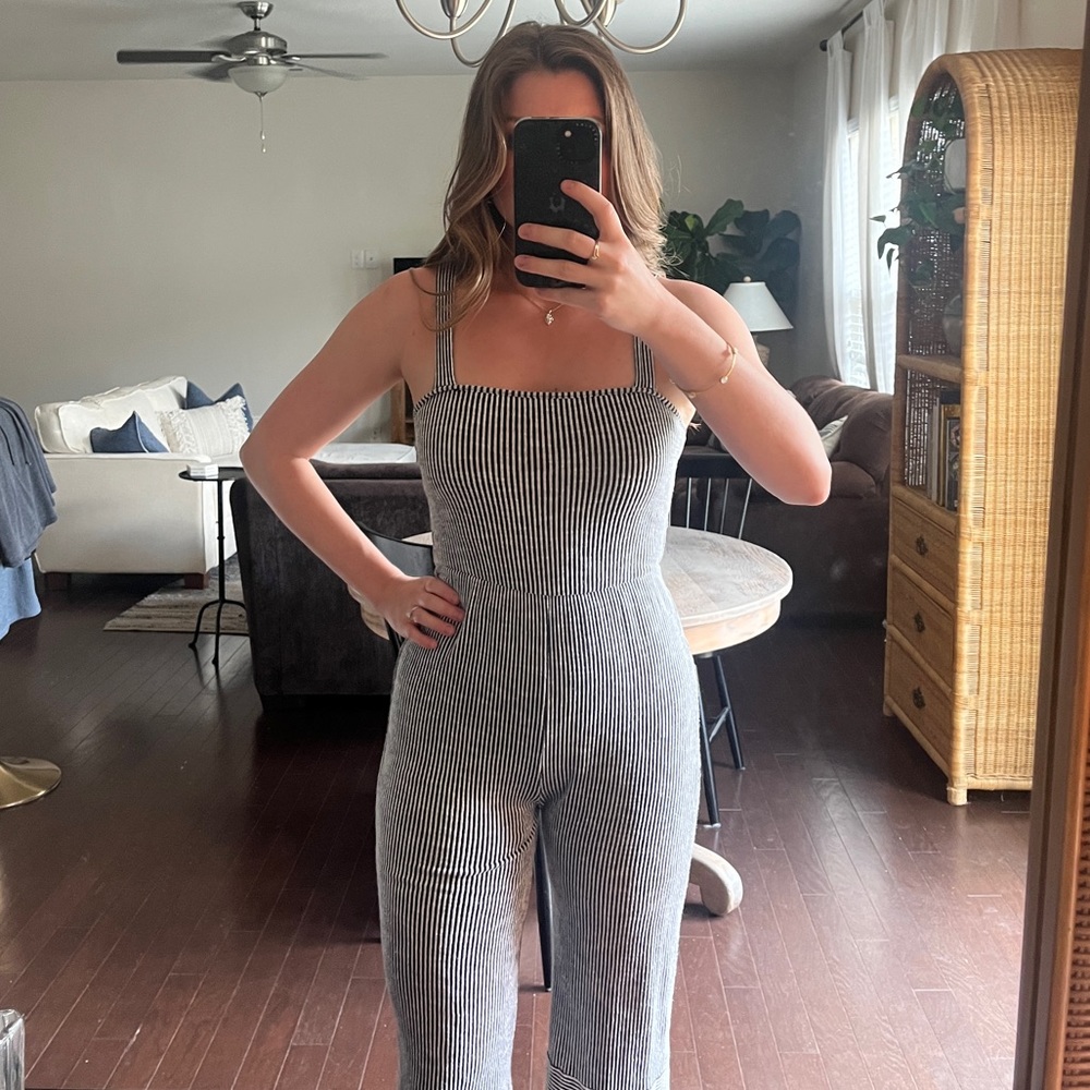 Black and White striped midi jumpsuit with square neckline
